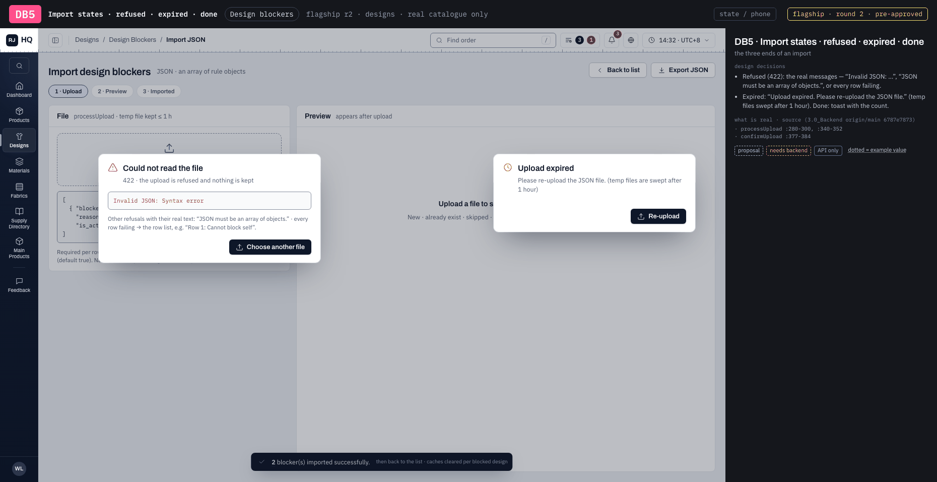 DB5 · Import states · refused · expired · done