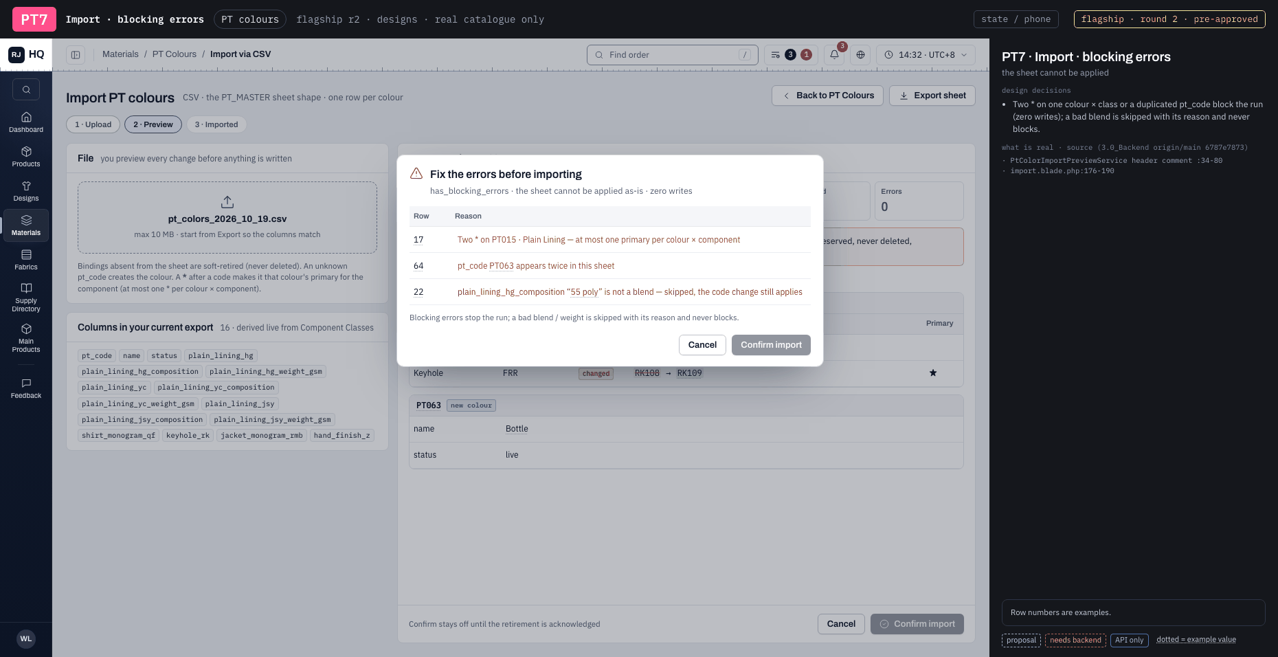 PT7 · Import · blocking errors