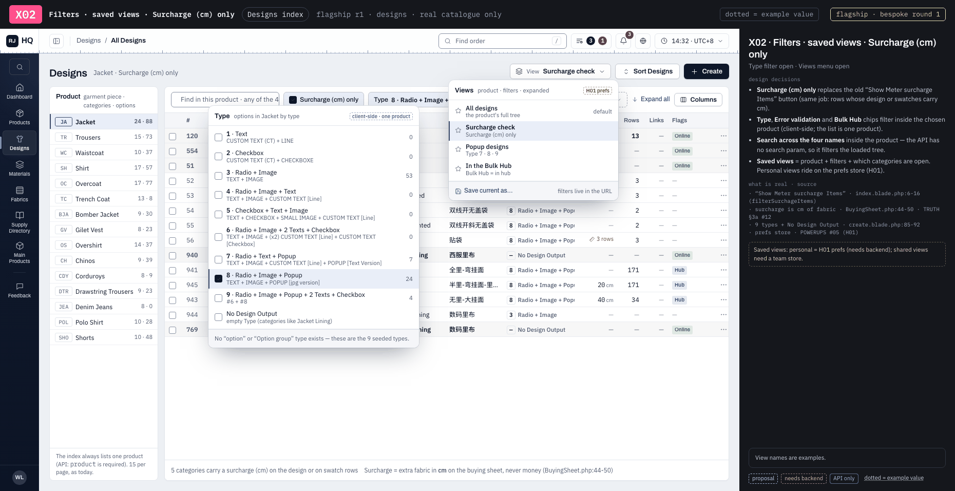 X02 · Filters · saved views · Surcharge (cm) only